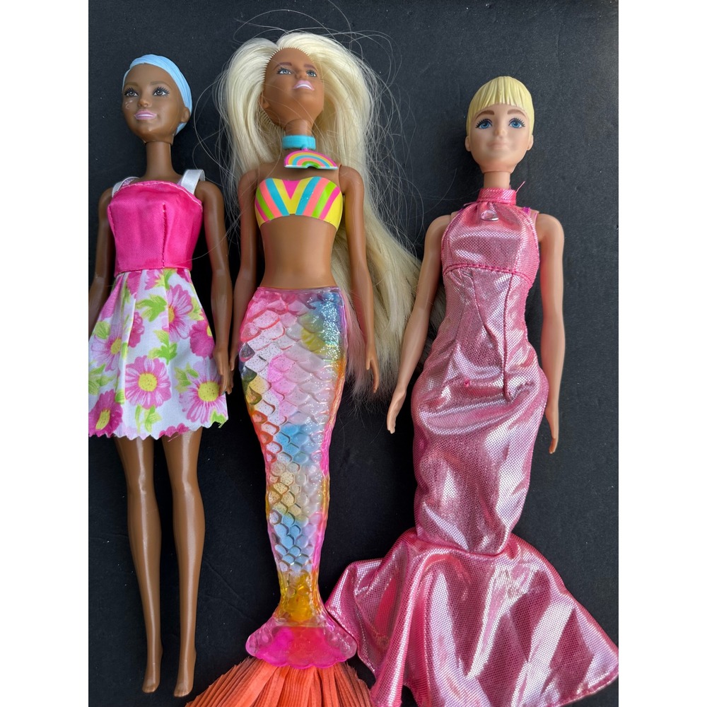 Mattel Barbie Doll Lot Dreamtopia Mermaid Pink Gown‎ Blue Hair Floral Dress 3pc